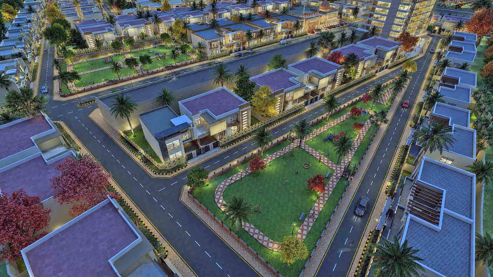 Aerial night view of residential villas with landscaped park and streets