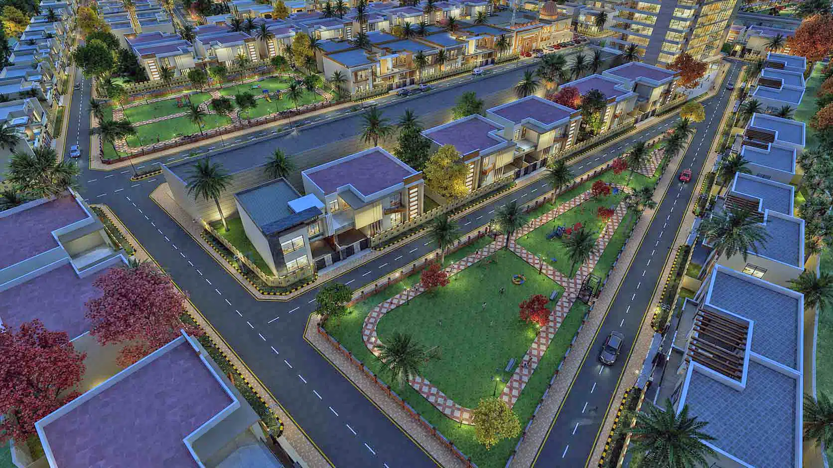 Aerial night view of residential villas with landscaped park and streets