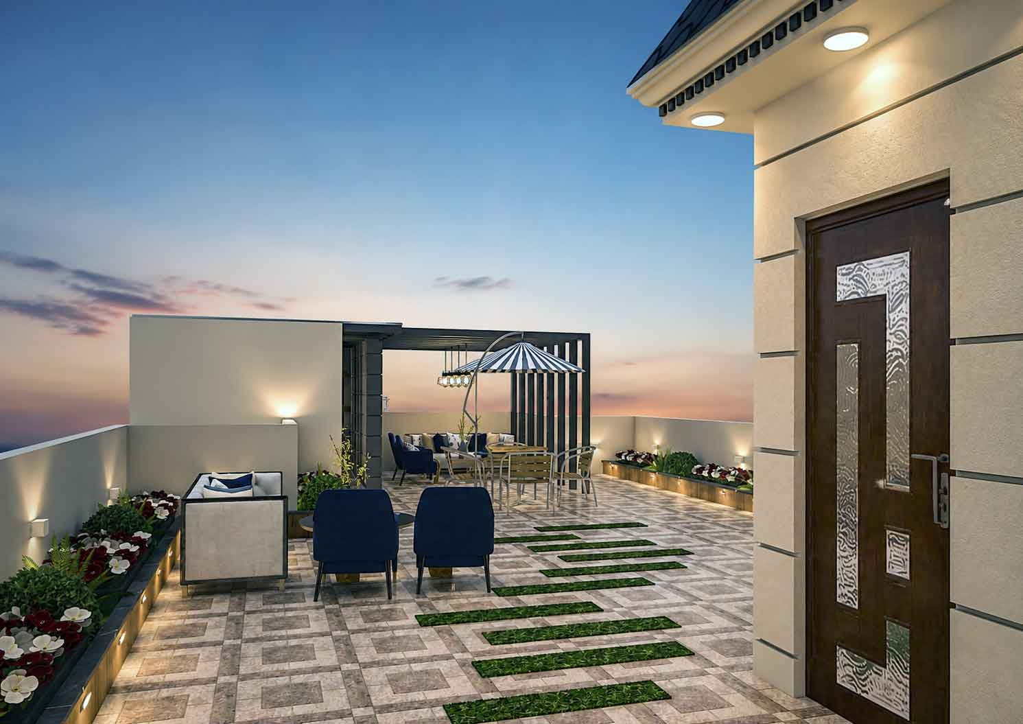 Rooftop terrace entrance with striped umbrella, lounge seating, and decorative grass pathway tiles