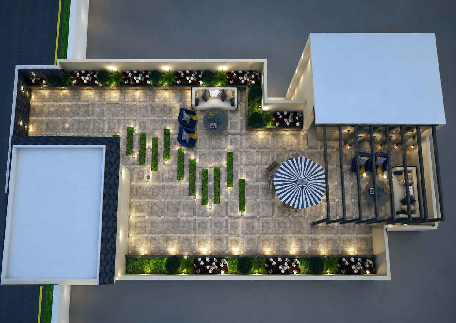 Top view floor plan of rooftop terrace design with furniture layout and landscaping zones