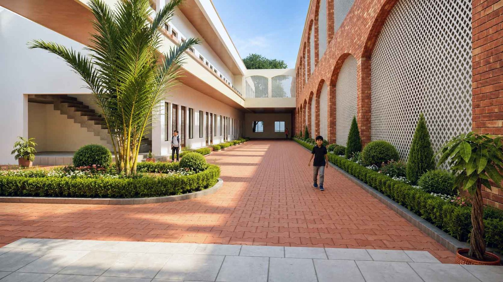 School corridor pathway with brick jali wall, students walking, and garden landscaping