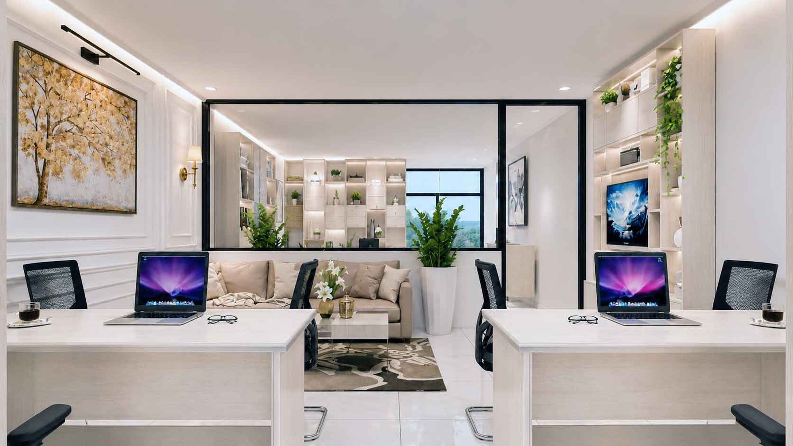 Twin executive workstations with wooden storage wall and abstract art in DHA office