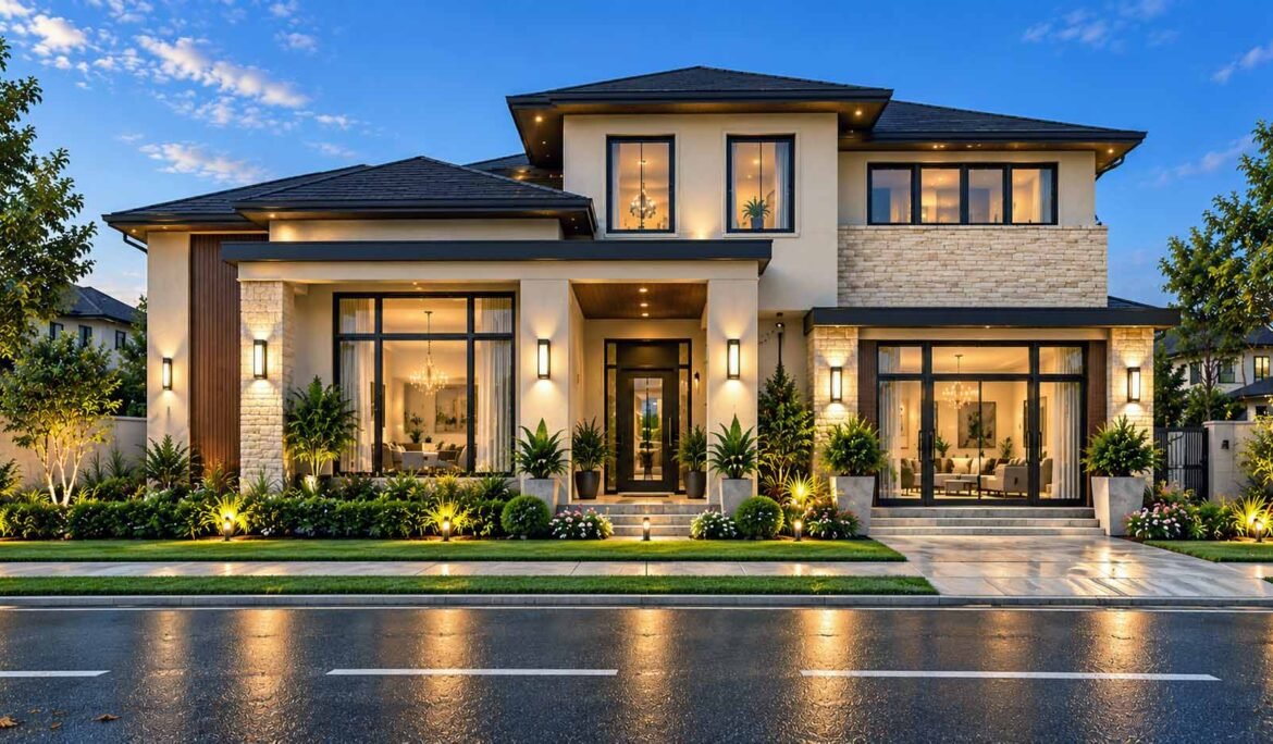 Architectural rendering services USA: aerial 3D render of a new home community with homes, streets, and park
